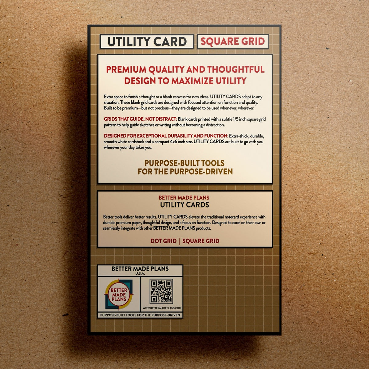 Back of packaging for Better Made Plans Utility Card Series Square Grid cards on a kraft paper background.