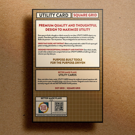 Back of packaging for Better Made Plans Utility Card Series Square Grid cards on a kraft paper background.