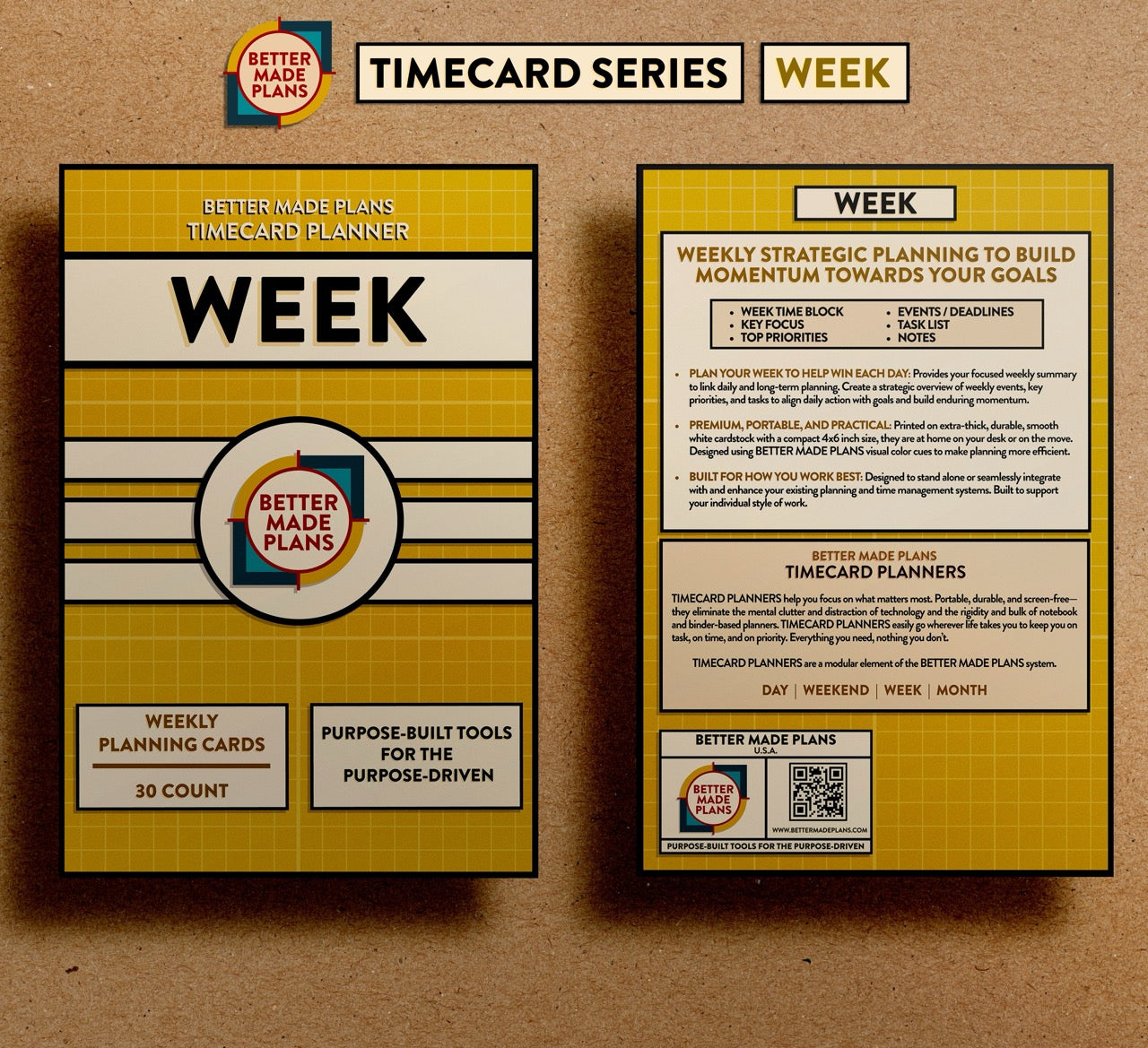 Front and back of packaging for Better Made Plans Timecard Series Week planner on a brown kraft paper background.