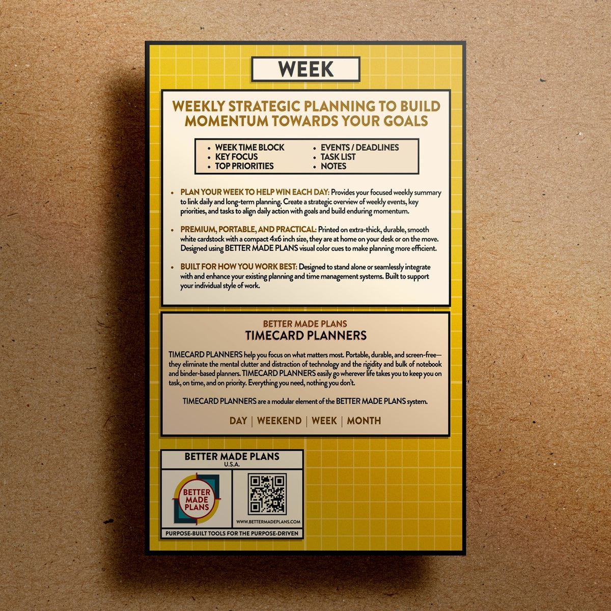 Back of packaging for Better Made Plans Timecard Series Week planner on a kraft paper background.