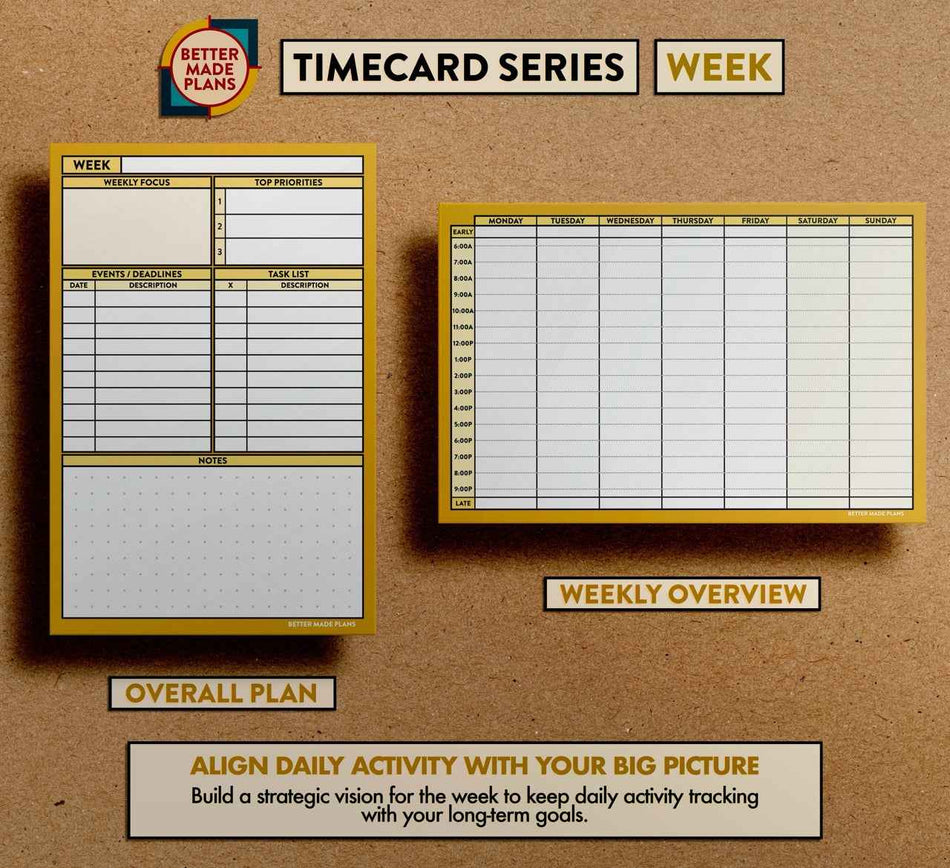 Better Made Plans Week Planner planning card with front and back views on kraft paper background. Text at the bottom reads: Align daily activity with your big picture. Buidl a strategic vision for your week to keep daily activity tracking with your long-term goals.
