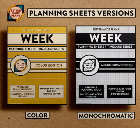 Comparison picture of the covers for color and monochromatic versions of the Better Made Plans Planning Sheets series Week edition. Covers appear on a brown kraft paper background with black and white labels.