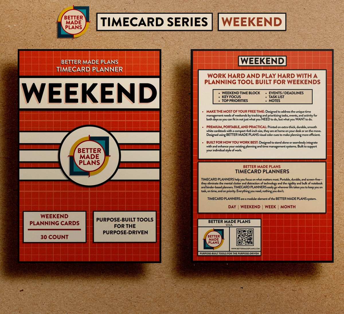 Front and back of packaging for Better Made Plans Timecard Series Weekend planner on a brown kraft paper background.