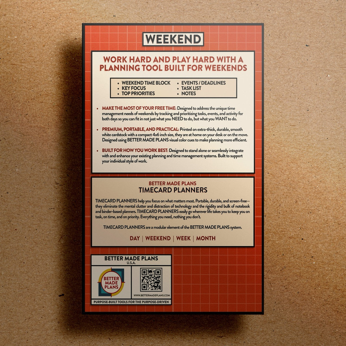 Back of packaging for Better Made Plans Timecard Series Weekend planner on a kraft paper background.