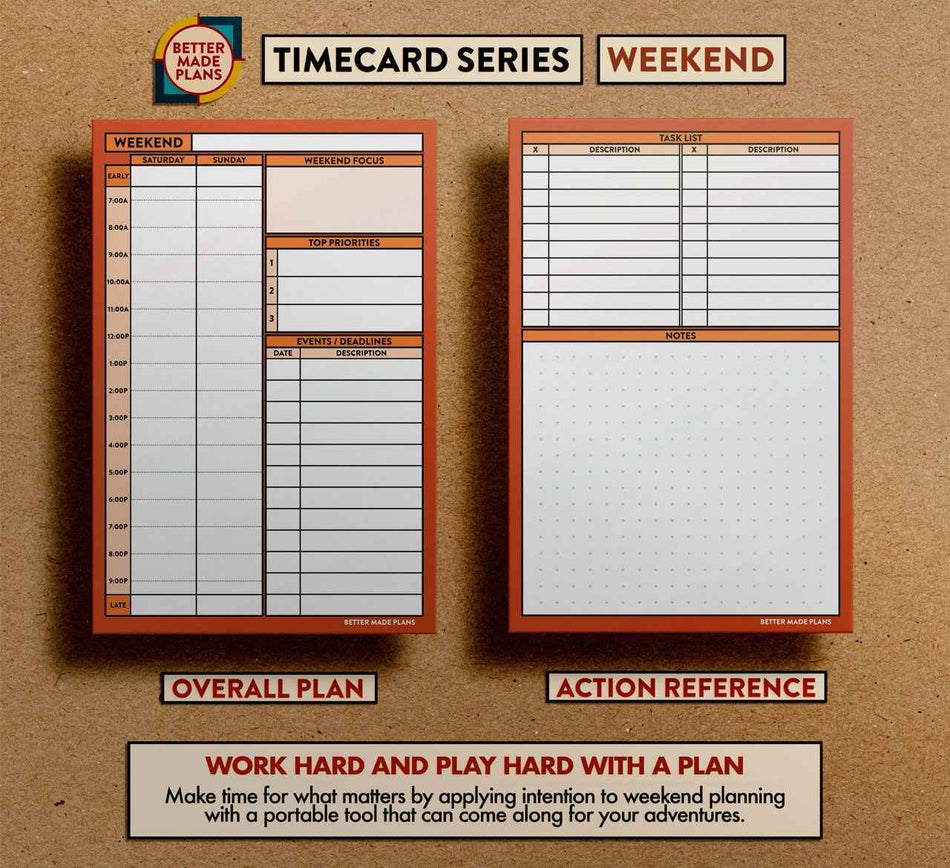 Better Made Plans Weekend Planner planning card with front and back views on kraft paper background. Text at the bottom reads: Work hard and play hard with a plan. Make time for what matters by applying intention to weekend planning with a portable tool that come along for your adventures.