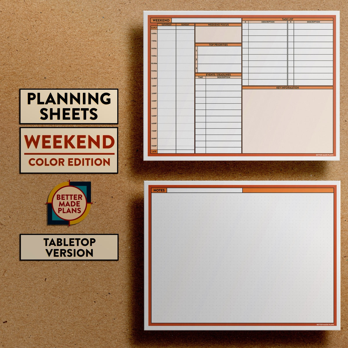 Front and back views of Better Made Plans Planning Sheets Weekend Version Color Tabletop Edition.