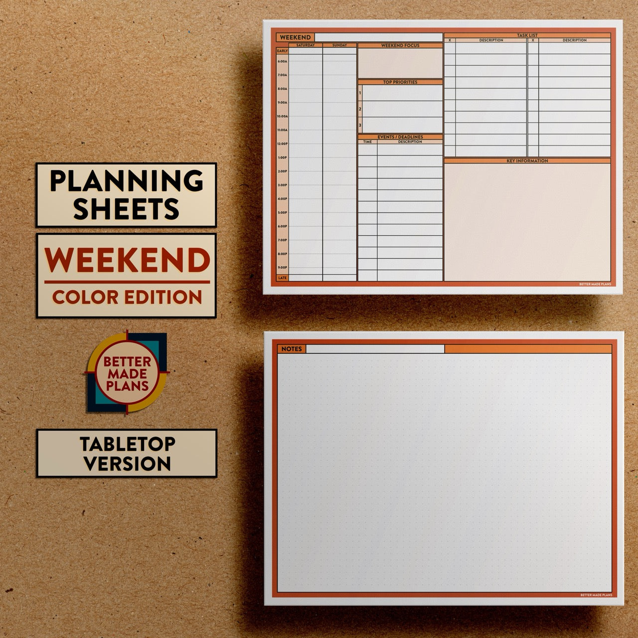 Front and back views of Better Made Plans Planning Sheets Weekend Version Color Tabletop Edition.