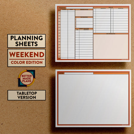 Front and back views of Better Made Plans Planning Sheets Weekend Version Color Tabletop Edition.