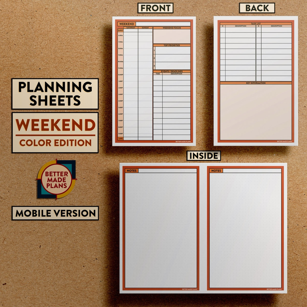 Front and back views of Better Made Plans Planning Sheets Weekend Version Color Mobile Edition.