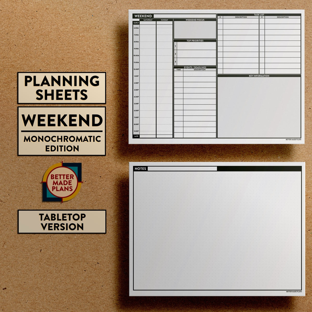 Front and back views of Better Made Plans Planning Sheets Weekend Version Monochromatic Tabletop Edition.