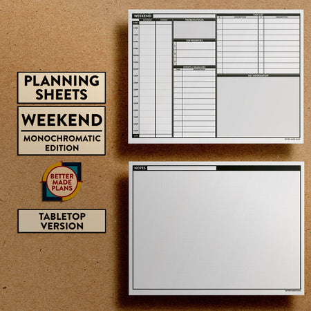 Front and back views of Better Made Plans Planning Sheets Weekend Version Monochromatic Tabletop Edition.