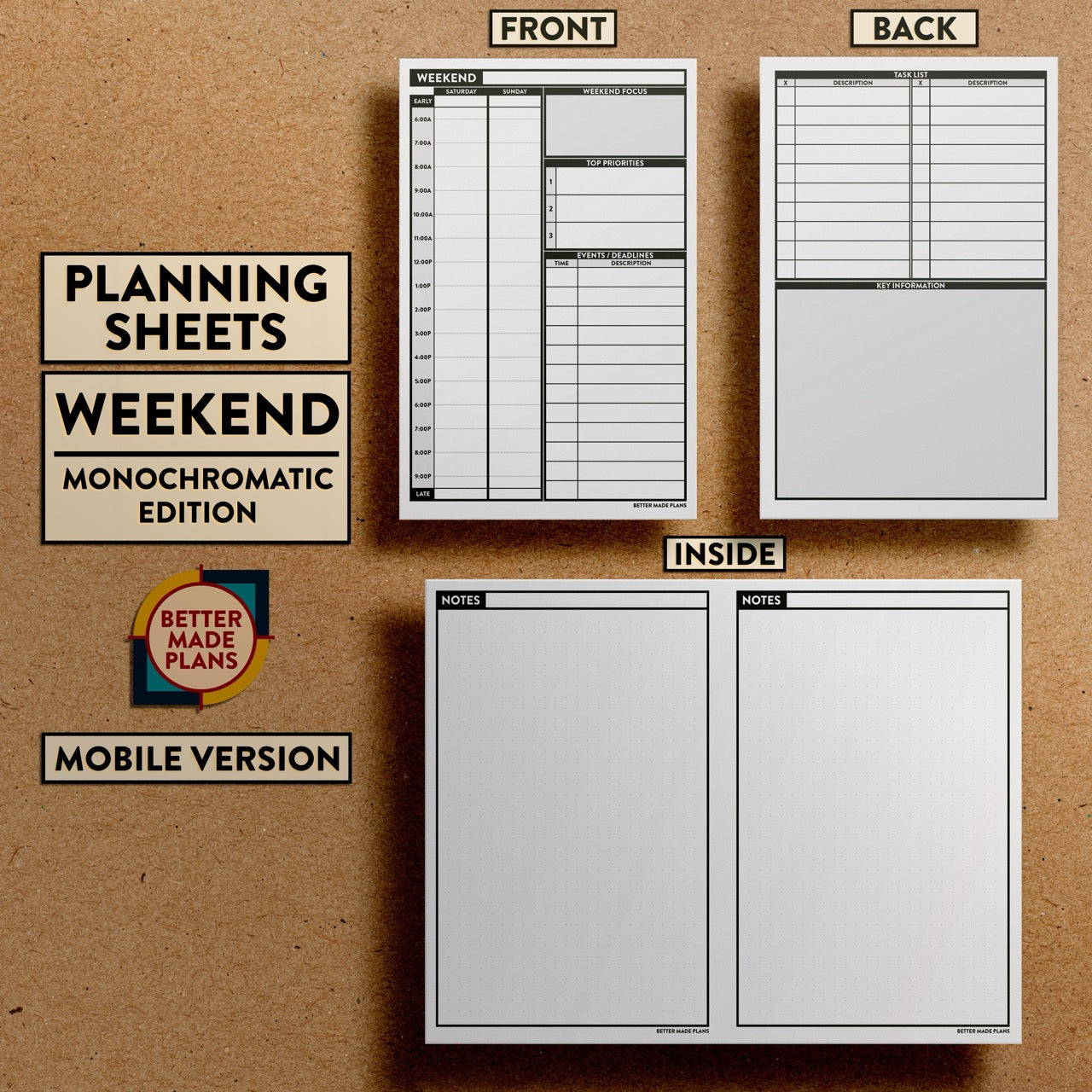 Front and back views of Better Made Plans Planning Sheets Weekend Version Monochromatic Mobile Edition.