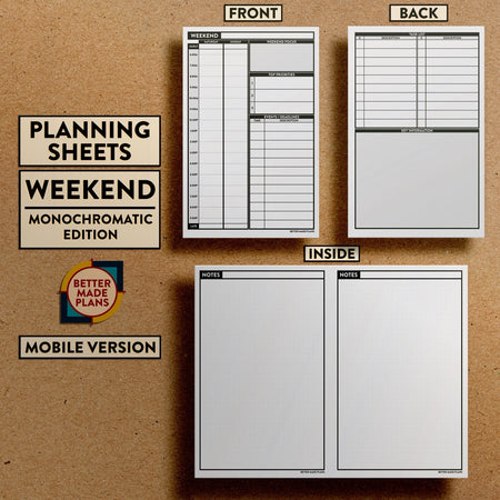 Front and back views of Better Made Plans Planning Sheets Weekend Version Monochromatic Mobile Edition.