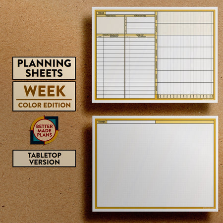 Front and back views of Better Made Plans Planning Sheets Week Version Color Tabletop Edition.