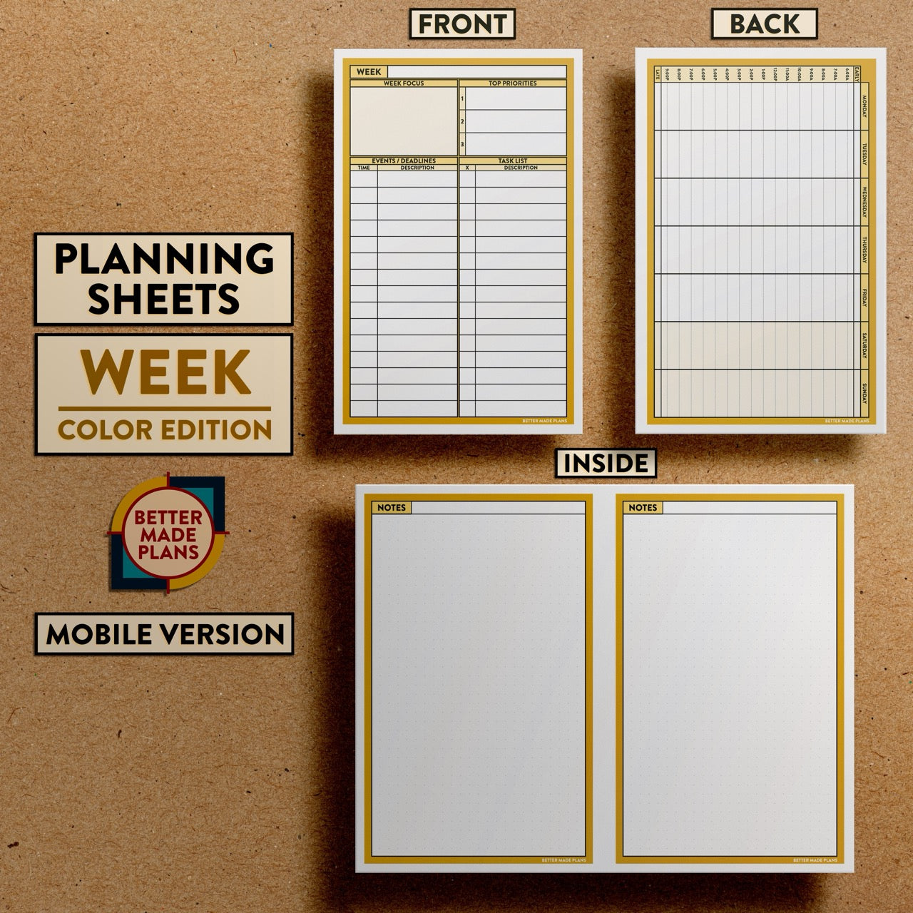 Front and back views of Better Made Plans Planning Sheets Week Version Color Mobile Edition.