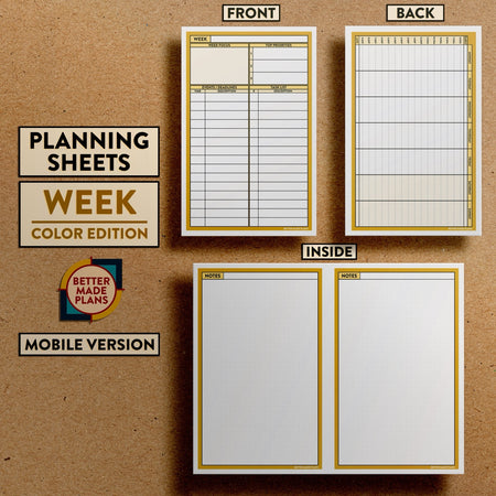 Front and back views of Better Made Plans Planning Sheets Week Version Color Mobile Edition.