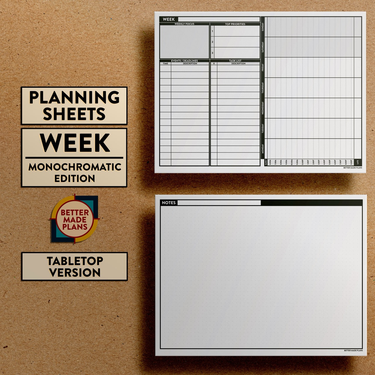 Front and back views of Better Made Plans Planning Sheets Week Version Monochromatic Tabletop Edition.