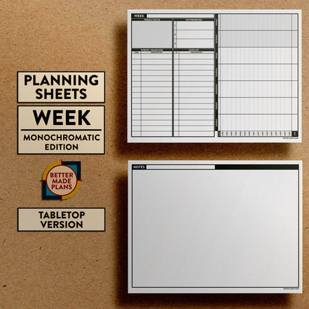 Front and back views of Better Made Plans Planning Sheets Week Version Monochromatic Tabletop Edition.