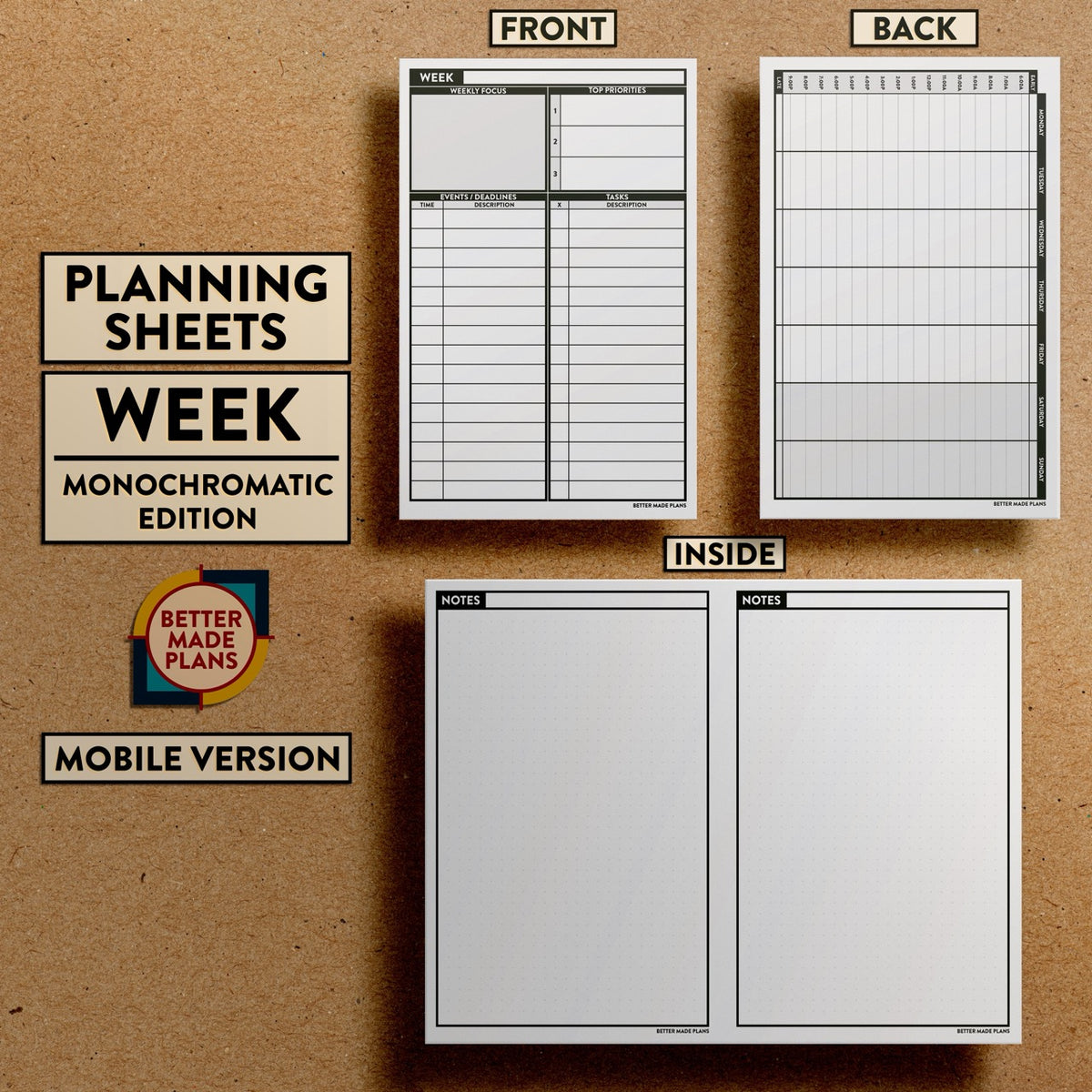 Front and back views of Better Made Plans Planning Sheets Week Version Monochromatic Mobile Edition.