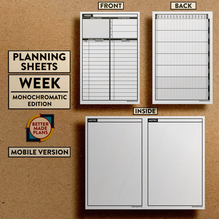 Front and back views of Better Made Plans Planning Sheets Week Version Monochromatic Mobile Edition.