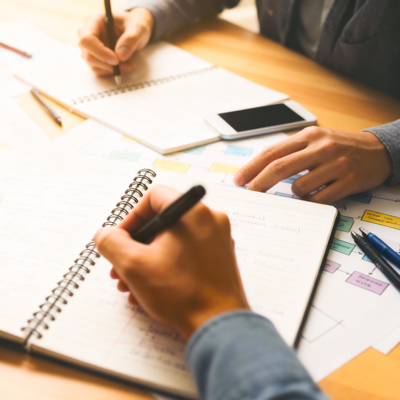 Realistic illustration of two individuals sitting at a table with notebooks, pens, and papers appearing to be collaborating or a meeting.