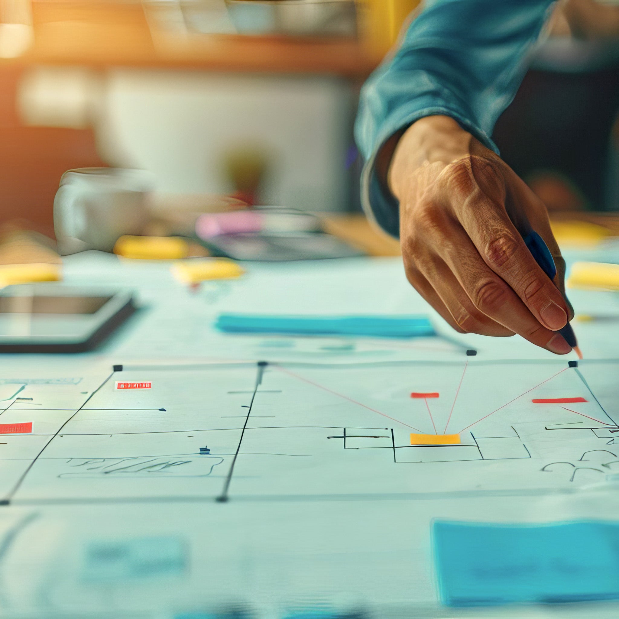 Realistic illustrated image of a man's hand holding a pen over a diagram laying flat on a table as if prepared to write on it.
